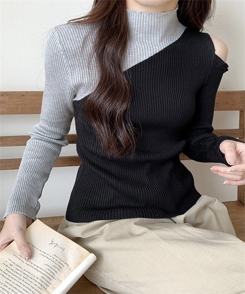 FREE STYLISTS(フリー スタイリスト)の「肩オープン配色リブニットトップス(ニット/セーター・レディース・ホワイト/ブラック×グリーン/ブラック×イエロー/ブラック×ベージュ/ブラック×グレー・FREE)」の20枚目の写真