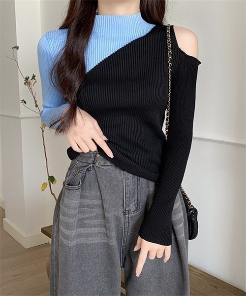 FREE STYLISTS(フリー スタイリスト)の「肩オープン配色リブニットトップス(ニット/セーター・レディース・ホワイト/ブラック×グリーン/ブラック×イエロー/ブラック×ベージュ/ブラック×グレー・FREE)」の22枚目の写真