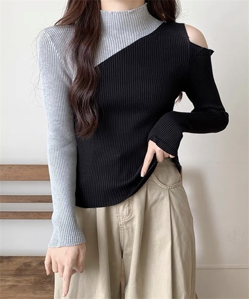 FREE STYLISTS(フリー スタイリスト)の「肩オープン配色リブニットトップス(ニット/セーター・レディース・ホワイト/ブラック×グリーン/ブラック×イエロー/ブラック×ベージュ/ブラック×グレー・FREE)」の13枚目の写真