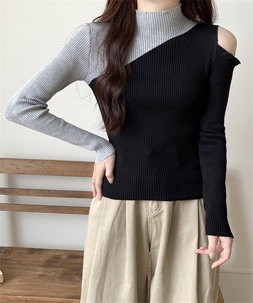 FREE STYLISTS(フリー スタイリスト)の「肩オープン配色リブニットトップス(ニット/セーター・レディース・ホワイト/ブラック×グリーン/ブラック×イエロー/ブラック×ベージュ/ブラック×グレー・FREE)」の12枚目の写真