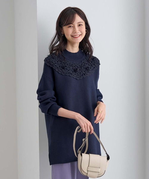 BELLUNA PLUS(ベルーナ)の「かぎ針レースデザインニットチュニック(チュニック・レディース・ローズ系/ネイビー/杢グレー・X-LARGE/LARGE/MEDIUM)」の5枚目の写真