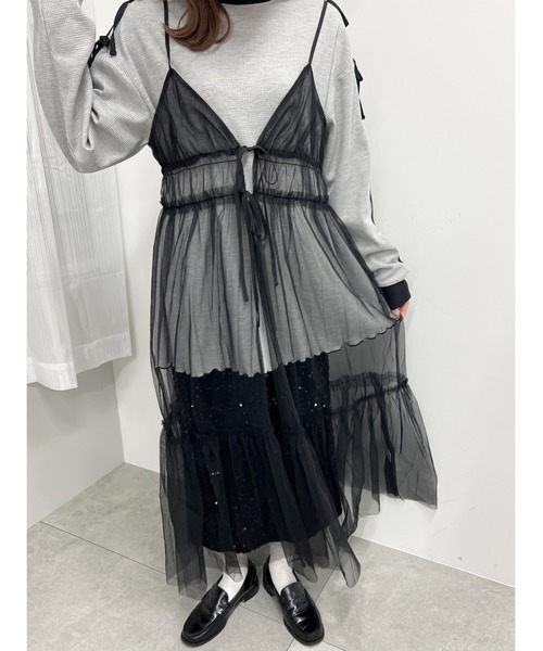 JUNIOR GAULTIER 総丈118cm スーパーロング ワンピース 黒 kOhAKUチュール切替カットソーロングワンピース[品番