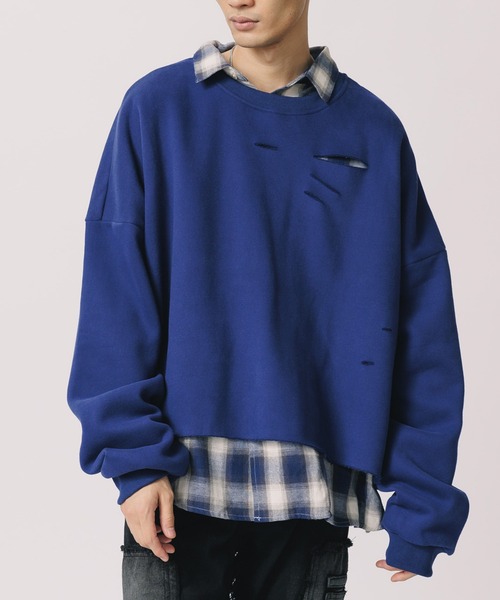 Theater code(シアターコード)の「Damaged Cropped Logo Sweatshirt /ダメージ クロップド ロゴ スウェット(スウェット・メンズ・ダークグレー/クリーム/ネイビー/ライトグレー/ブラック・2/3)」の5枚目の写真