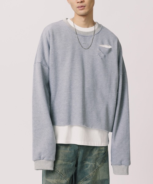 Theater code(シアターコード)の「Damaged Cropped Logo Sweatshirt /ダメージ クロップド ロゴ スウェット(スウェット・メンズ・ダークグレー/クリーム/ネイビー/ライトグレー/ブラック・2/3)」の3枚目の写真
