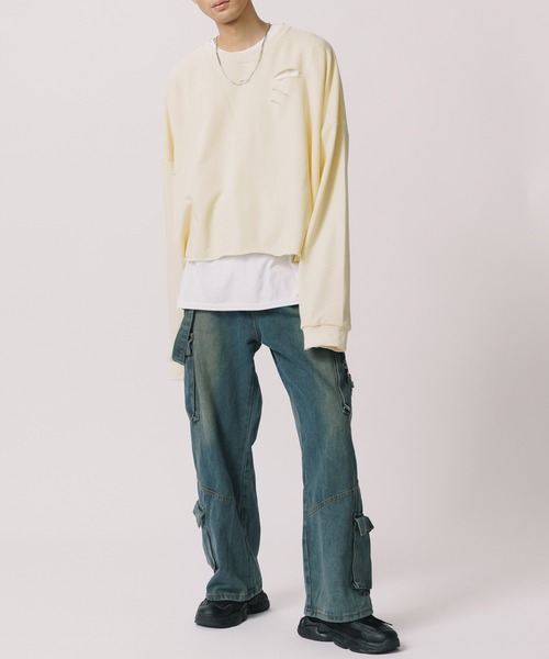 Theater code(シアターコード)の「Damaged Cropped Logo Sweatshirt /ダメージ クロップド ロゴ スウェット(スウェット・メンズ・ダークグレー/クリーム/ネイビー/ライトグレー/ブラック・2/3)」の11枚目の写真