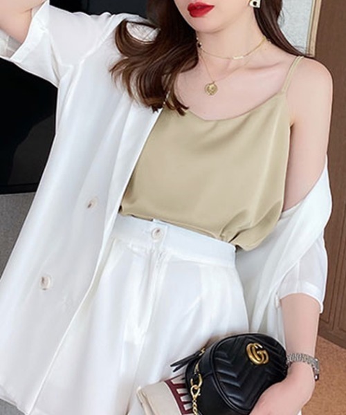 COCOMOMO（ココモモ）の「サテンタッチ Vネックキャミソール キャミソール 夏服（キャミソール・レディース・グリーン/ライトグリーン/ベージュ/ホワイト/イエロー/ブラック・FREE）」の18枚目の写真