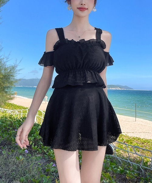 gossip！ロサンゼルス（ゴシップロサンゼルス）の「ハイウエストスカート トップス　 2点セット水着（水着・レディース・オフホワイト/ブラック/グリーン・FREE）」の5枚目の写真