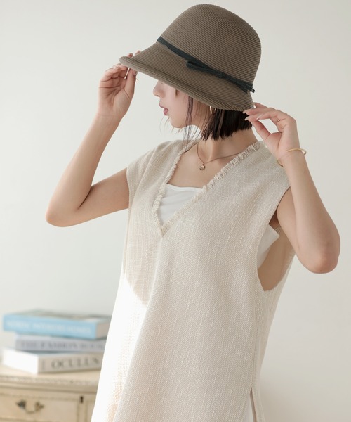 Little＆More（リトルアンドモア）の「【サイズ選べる】麦わら帽子 あご紐付（ハット・レディース・ライトグレー/カーキ/ベージュ/チョコ/ブラック/ライトピンク・M/L）」の12枚目の写真