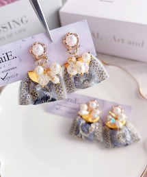 【RosraiE】ブルーインド刺繍リボンタッセル イヤリング(MA)