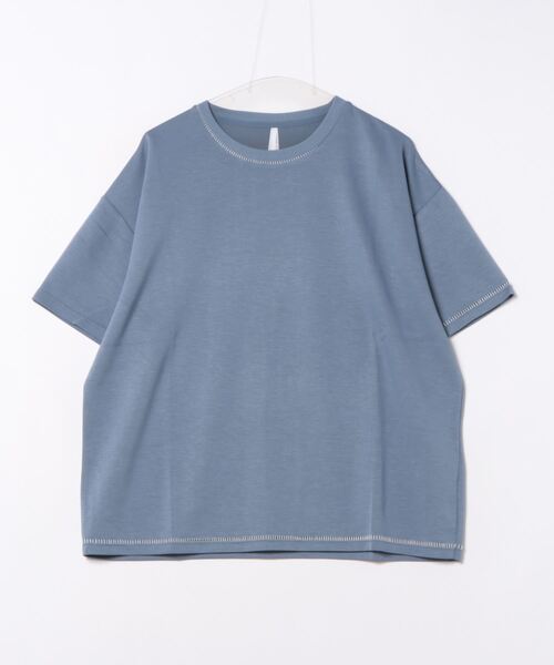 【レザーバッチがお洒落】HEREMS 半袖クルーネックTシャツ セール】接触冷感 ハンドステッチ ダンボールニット クルー