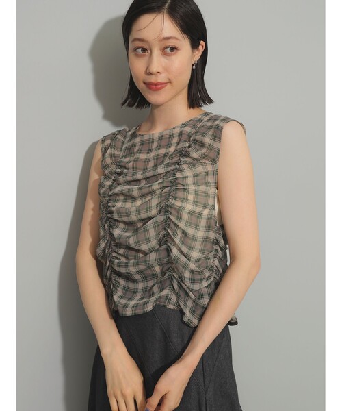 Ray BEAMS（レイビームス）の「シアー チェック ギャザー ノースリーブ ブラウス（シャツ/ブラウス・レディース・ベージュ/ライトブルー・ONE SIZE）」の2枚目の写真