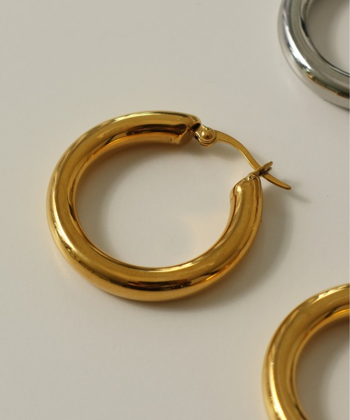 エリンギの頭 両耳用【 3mm×21mm 】ゴールドフープピアス TRIDEA JEWELRY 18金 フープピアス 幅3mm 外径25mm イエロー