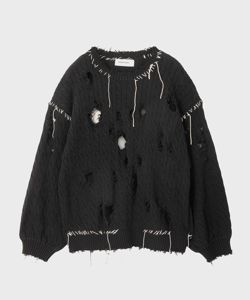 DISCOVERED(ディスカバード)の「LOOPING CABLE DAMAGE KNIT(ニット/セーター・メンズ・ホワイト/ブラック・1/3)」の2枚目の写真