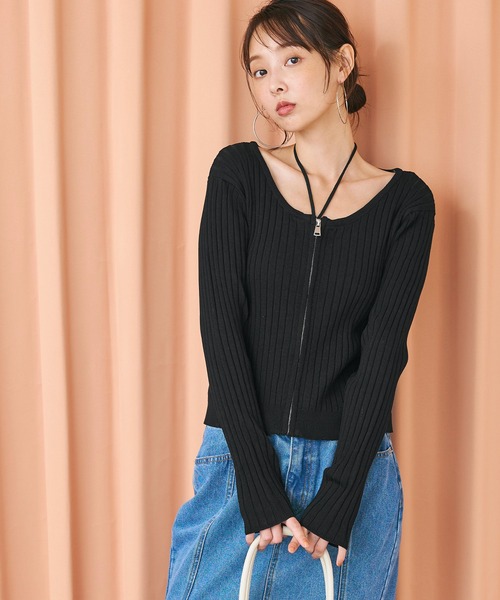coca(coca)(コカ)の「ジップアップラウンドネックカーディガン(カーディガン/ボレロ・レディース・ブラック/アイボリー・M/S/L)」の7枚目の写真