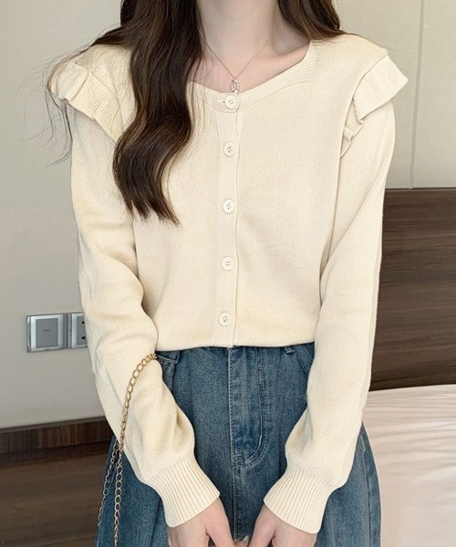 Miniministore(ミニミニストア)の「ニットカーディガン ショルダーフリル(カーディガン/ボレロ・レディース・ホワイト/ピンク/レッド/ミント/ブルー/ブラック/ベージュ・FREE)」の4枚目の写真