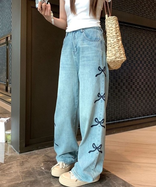 ＊handmade＊294/295 ペイントデニム⭐︎クロスリボンターバン セール】【CANVAS+】サイドリボン刺しゅうデニムワイドパンツ（デニム