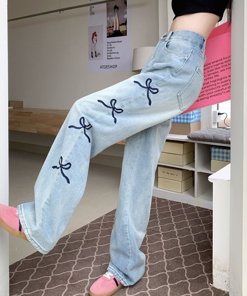 セール】【CANVAS+】サイドリボン刺しゅうデニムワイドパンツ（デニム