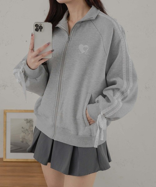 Ambre Neige（アンブルネージュ）の「レースライントラックジャケット/WEB/EC限定商（スウェット・レディース・杢グレー/ネイビー・FREE）」の4枚目の写真