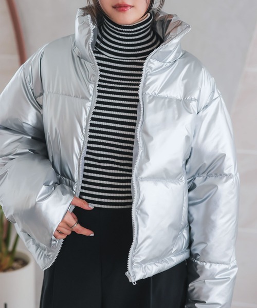 セール】スタンドカラーメタリック中綿ダウンコート（ダウンジャケット