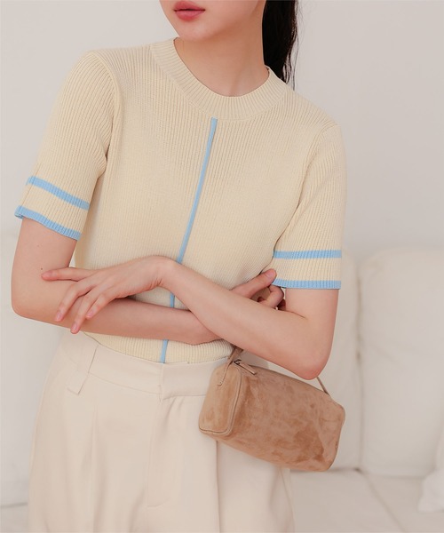 miette(ミエット)の「配色ラインリブトップス(ニット/セーター・レディース・オフホワイト/グレー/ネイビー/ライトベージュ・FREE)」の3枚目の写真