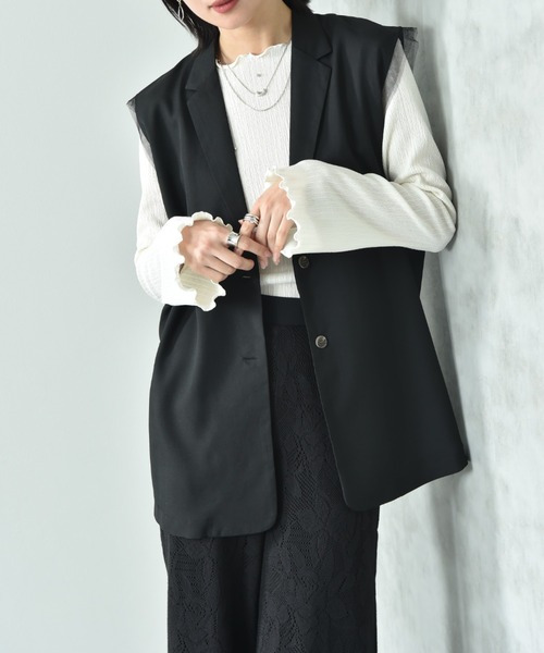 INTERPLANET（インタープラネット）の「麻調合繊デザインジャケット（ベスト・レディース・ブラック/グレー・FREE）」の9枚目の写真