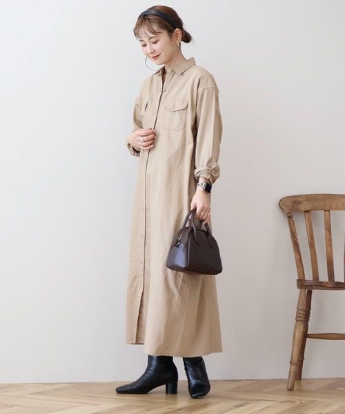 AMERICAN HOLIC（アメリカンホリック）の「Wポケットシャツワンピース（ワンピース・レディース・カーキ/ライトインディゴブルー/ベージュ・M/L）」の5枚目の写真