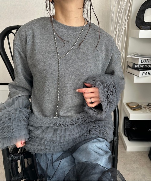 袖裾ボリュームチュールフリルトップス（その他トップス）｜deux