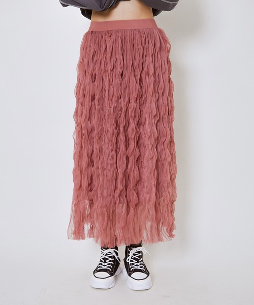 GORGE（ゴージ）の「《ウェーブチュール×透け感レイヤード》レディース ロングスカート フレアシルエット 春夏秋冬（スカート・レディース・アイボリー/ブラック/ピンク・F）」の4枚目の写真