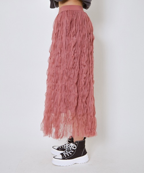 GORGE（ゴージ）の「《ウェーブチュール×透け感レイヤード》レディース ロングスカート フレアシルエット 春夏秋冬（スカート・レディース・アイボリー/ブラック/ピンク・F）」の5枚目の写真