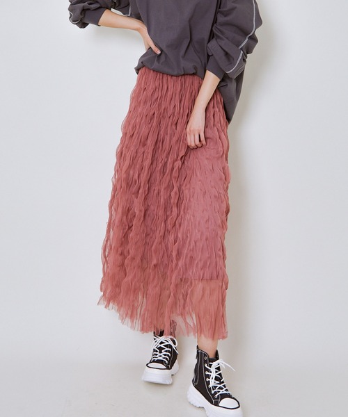 GORGE（ゴージ）の「《ウェーブチュール×透け感レイヤード》レディース ロングスカート フレアシルエット 春夏秋冬（スカート・レディース・アイボリー/ブラック/ピンク・F）」の8枚目の写真