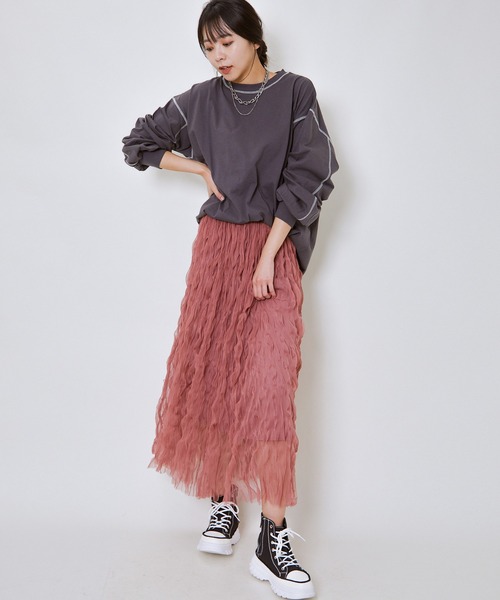 GORGE（ゴージ）の「《ウェーブチュール×透け感レイヤード》レディース ロングスカート フレアシルエット 春夏秋冬（スカート・レディース・アイボリー/ブラック/ピンク・F）」の9枚目の写真