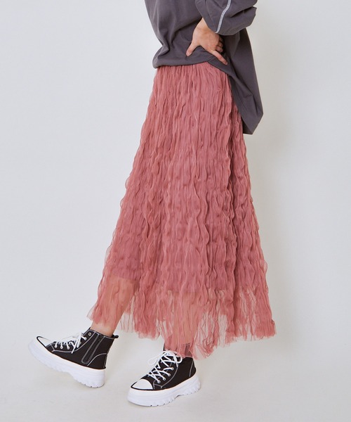 GORGE（ゴージ）の「《ウェーブチュール×透け感レイヤード》レディース ロングスカート フレアシルエット 春夏秋冬（スカート・レディース・アイボリー/ブラック/ピンク・F）」の10枚目の写真