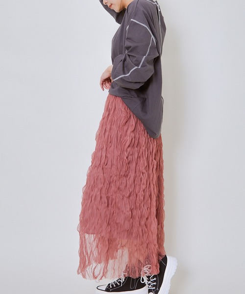 GORGE（ゴージ）の「《ウェーブチュール×透け感レイヤード》レディース ロングスカート フレアシルエット 春夏秋冬（スカート・レディース・アイボリー/ブラック/ピンク・F）」の11枚目の写真