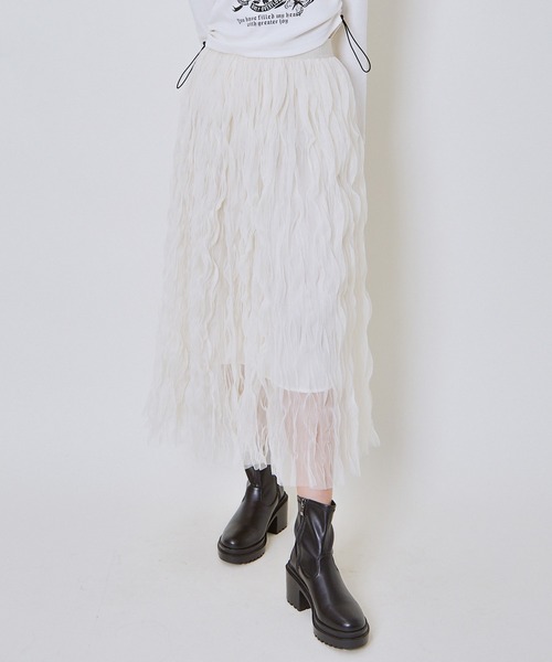 GORGE（ゴージ）の「《ウェーブチュール×透け感レイヤード》レディース ロングスカート フレアシルエット 春夏秋冬（スカート・レディース・アイボリー/ブラック/ピンク・F）」の14枚目の写真