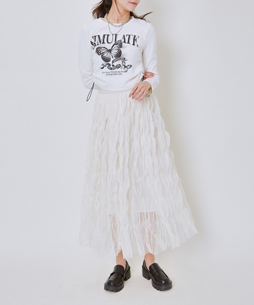 GORGE（ゴージ）の「《ウェーブチュール×透け感レイヤード》レディース ロングスカート フレアシルエット 春夏秋冬（スカート・レディース・アイボリー/ブラック/ピンク・F）」の16枚目の写真