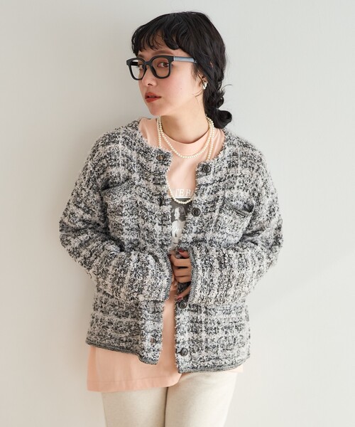 FREAK'S STORE(フリークスストア)の「ツイーディー ニットジャケット(ノーカラージャケット・レディース・グレー/ベージュ・フリ-)」の7枚目の写真