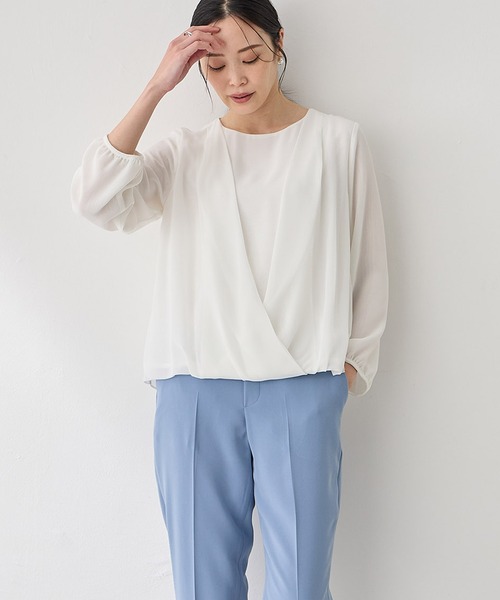 A/C DESIGN BY ALPHA CUBIC（エーシーデザインバイアルファキュービック）の「カシュクールカットソーブラウス（Tシャツ/カットソー・レディース・サックスブルー/ブラック/オフホワイト・M/L）」の3枚目の写真