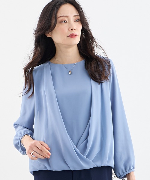 A/C DESIGN BY ALPHA CUBIC（エーシーデザインバイアルファキュービック）の「カシュクールカットソーブラウス（Tシャツ/カットソー・レディース・サックスブルー/ブラック/オフホワイト・M/L）」の2枚目の写真