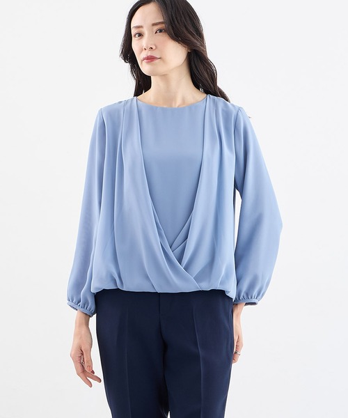 A/C DESIGN BY ALPHA CUBIC（エーシーデザインバイアルファキュービック）の「カシュクールカットソーブラウス（Tシャツ/カットソー・レディース・サックスブルー/ブラック/オフホワイト・M/L）」の9枚目の写真