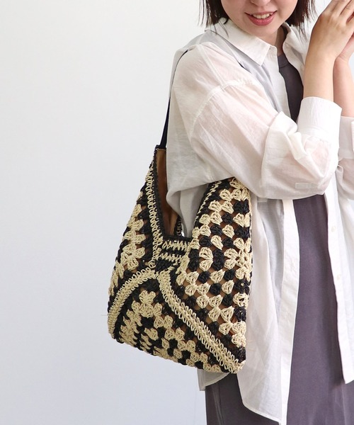 T・S・L（ティーエスエル）の「ペーパー配色クロシェワンショルダーバッグ（かごバッグ・レディース・ベージュ/オレンジ/ブラック・FREE）」の7枚目の写真