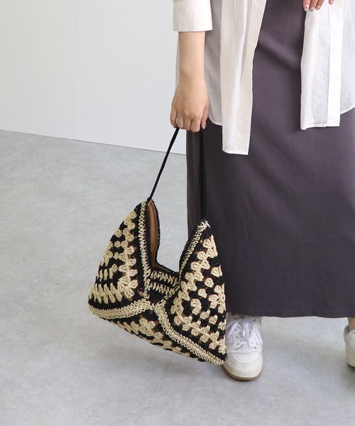 T・S・L（ティーエスエル）の「ペーパー配色クロシェワンショルダーバッグ（かごバッグ・レディース・ベージュ/オレンジ/ブラック・FREE）」の6枚目の写真