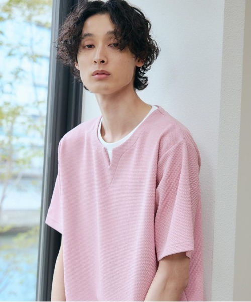 THE SHOP TK （ザ ショップ ティーケー ）の「ミニフクレキーネック半袖Tシャツ（Tシャツ/カットソー・メンズ・ベージュ/ネイビー/ピンク系/オフホワイト/ブルー・02/03/04）」の5枚目の写真