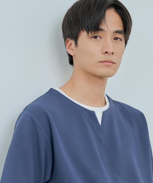 THE SHOP TK （ザ ショップ ティーケー ）の「ミニフクレキーネック半袖Tシャツ（Tシャツ/カットソー・メンズ・ベージュ/ネイビー/ピンク系/オフホワイト/ブルー・02/03/04）」の3枚目の写真