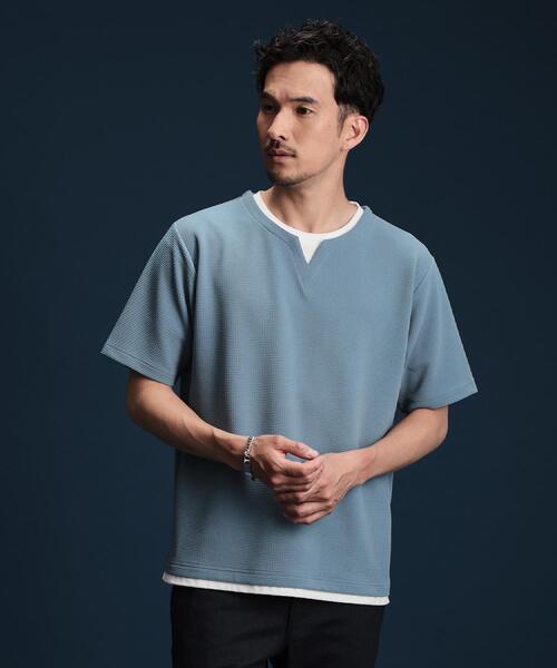 THE SHOP TK （ザ ショップ ティーケー ）の「ミニフクレキーネック半袖Tシャツ（Tシャツ/カットソー・メンズ・ベージュ/ネイビー/ピンク系/オフホワイト/ブルー・02/03/04）」の9枚目の写真