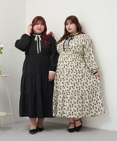 Louiosy ルオシー　レースティアードパフスリーブワンピ　大きいサイズ　LL Louiosy ワンピース 「大きいサイズ」レースティアード