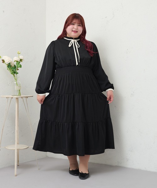 セール】【大きいサイズ】配色リボン付きティアードワンピース