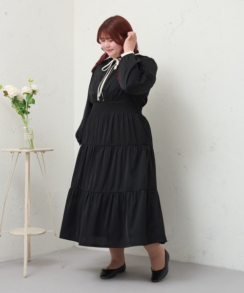 ルオシー louiosy レースティアードパフスリーブワンピ LL 大きいサイズ】レースティアードパフスリーブワンピ（ワンピース