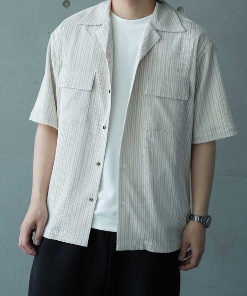 UNION STATION（ユニオンステーション）の「シャーリングストライプオープンカラーシャツ（シャツ/ブラウス・メンズ・ブラック系その他/ベージュ系その他・M/L）」の3枚目の写真