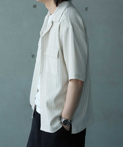 UNION STATION（ユニオンステーション）の「シャーリングストライプオープンカラーシャツ（シャツ/ブラウス・メンズ・ブラック系その他/ベージュ系その他・M/L）」の4枚目の写真