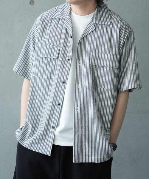 UNION STATION（ユニオンステーション）の「シャーリングストライプオープンカラーシャツ（シャツ/ブラウス・メンズ・ブラック系その他/ベージュ系その他・M/L）」の10枚目の写真